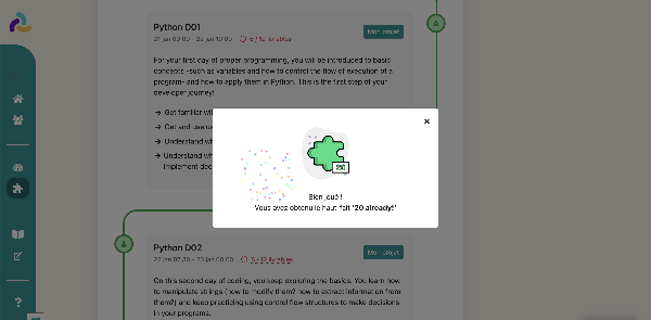 Student receiving an achievement for having completed 20 Python exercises during the bootcamp